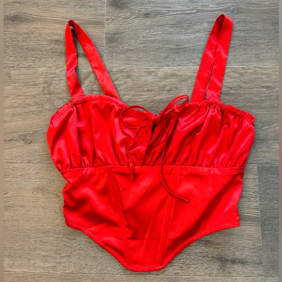 Windsor Sexy Sleek Tie-Front Cutout Satin Corset Bustier Crop Top Cherry Red - Picture 1 of 11